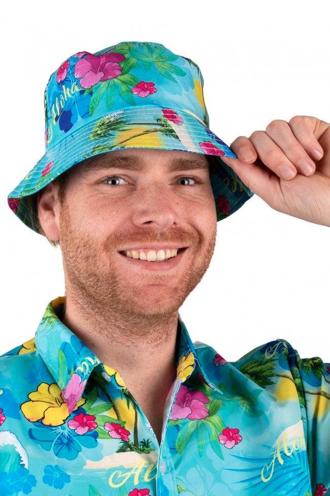 Vissershoedje Hawaiiprint Blauw, Kleding | Dames, Carnavalskleding en Feestkleding, Verzenden