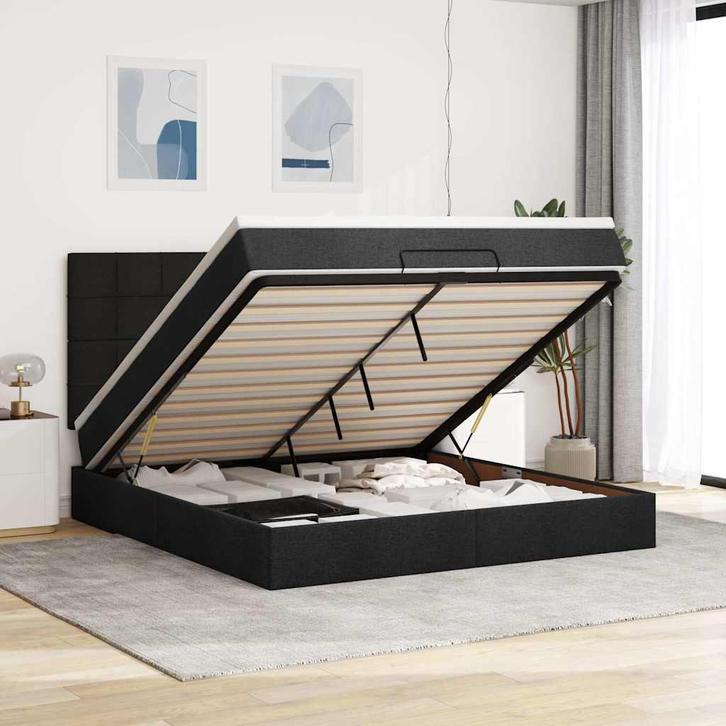 vidaXL Ottoman bed met matras en LEDs 160x200cm stof zwart, Huis en Inrichting, Slaapkamer | Bedden, 160 cm, 200 cm, Zwart, Tweepersoons