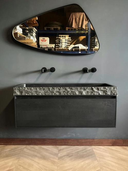 Luxe badmeubelset massief eiken en natuursteen, Huis en Inrichting, Badkamer | Badkamermeubels, Nieuw, Wastafelkast, Minder dan 100 cm
