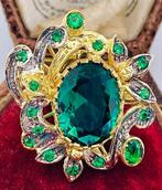 Zonder Minimumprijs - Ring - 9 kt. Geel goud, Zilver Smaragd, Sieraden, Tassen en Uiterlijk, Ringen, Nieuw