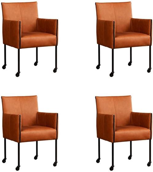 Set van 4 Cognac leren moderne kuipstoel - poot rond zwart m, Huis en Inrichting, Stoelen, Vier, Overige kleuren, Nieuw, Leer