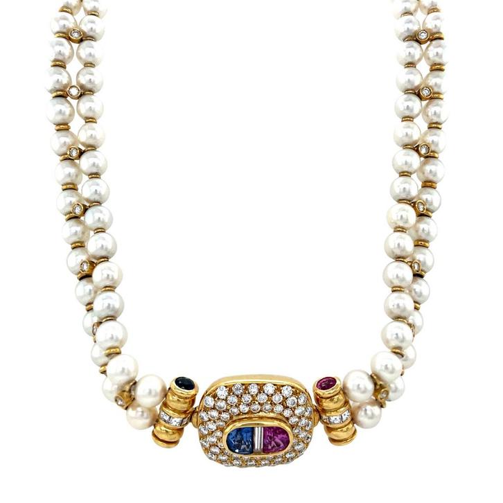 Vintage parel collier met gouden sluiting met saffier en, Sieraden, Tassen en Uiterlijk, Kettingen, Nieuw, Ophalen of Verzenden