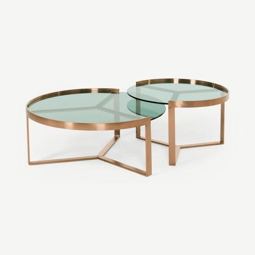 Aula salontafelset | koper en groen glas | MADE, Huis en Inrichting, Tafels | Salontafels, Nieuw, Verzenden