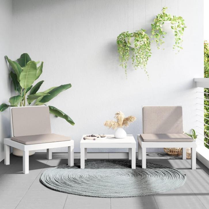 vidaXL 3-delige Loungeset met kussens PP wit, Tuin en Terras, Tuinsets en Loungesets, Loungeset, Nieuw, 3 zitplaatsen, Verzenden