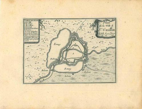 Stadsplattegrond van Saint-Ghislain, Antiek en Kunst, Kunst | Etsen en Gravures