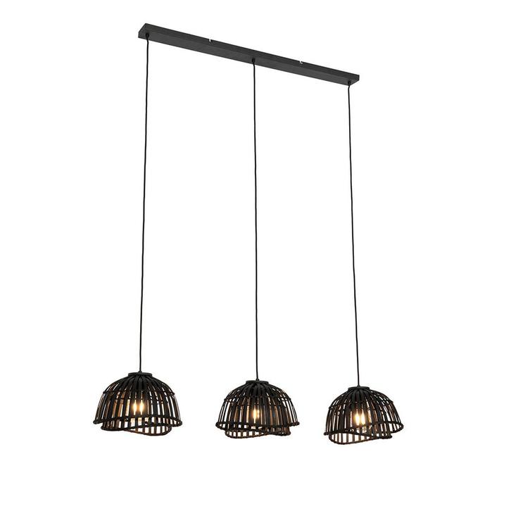 Oosterse hanglamp zwart bamboe 3-lichts - Pua, Huis en Inrichting, Lampen | Hanglampen, Nieuw, 75 cm of meer