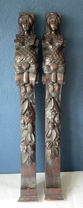 Snijwerk, Large sculptural reliefs - Caryatids - 88 cm - Eik, Antiek en Kunst, Antiek | Overige Antiek