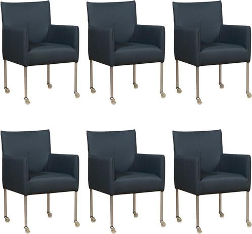Set van 6 Blauwe leren moderne kuipstoel - poot rond rvs met, Huis en Inrichting, Stoelen, Vijf, Zes of meer stoelen, Overige kleuren