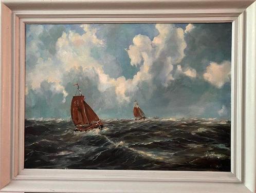 Hollandse School (XX) - Zeilschepen op woeste zee, Antiek en Kunst, Kunst | Schilderijen | Klassiek