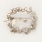 Broche - 14 karaat Witgoud Parel - Diamant, Sieraden, Tassen en Uiterlijk, Antieke sieraden