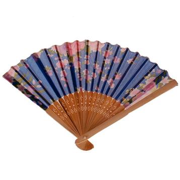 Waaier - Donkerblauw met Roze Bloemen - Bamboe & Stof - 21x3 beschikbaar voor biedingen