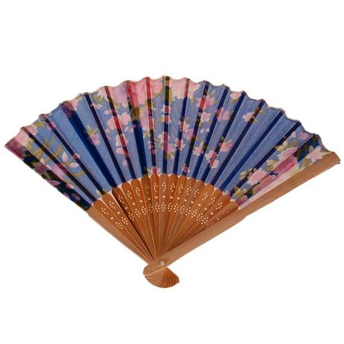 Waaier - Donkerblauw met Roze Bloemen - Bamboe & Stof - 21x3, Hobby en Vrije tijd, Feestartikelen, Nieuw, Ophalen of Verzenden