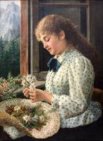 Scuola italiana (XIX) - Donna alla finestra con margherite -, Antiek en Kunst, Kunst | Schilderijen | Klassiek