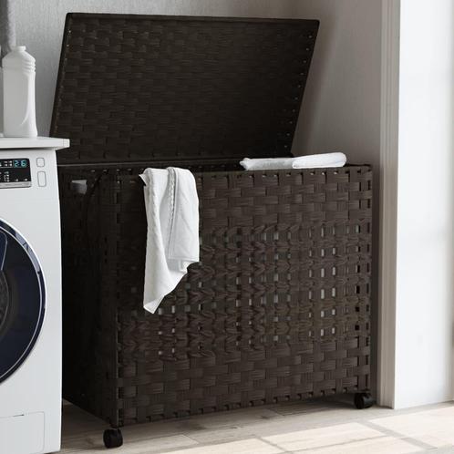 vidaXL Wasmand op wielen 66x35x60 cm rattan donkerbruin, Tuin en Terras, Droogmolens en Wasrekken, Nieuw, Verzenden