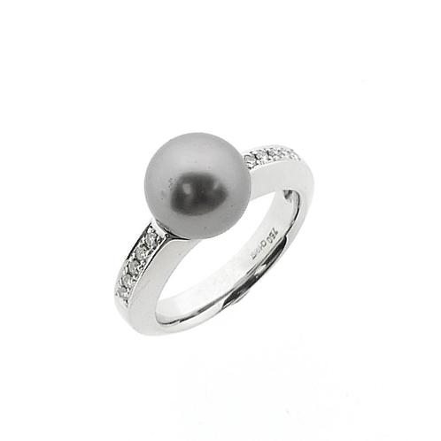 18 Krt. Witgouden ring met Tahiti parel en diamant | 0,10..., Sieraden, Tassen en Uiterlijk, Ringen, Dame, Met edelsteen, Overige kleuren