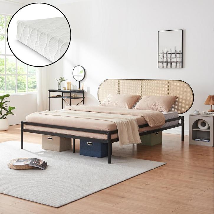 Metalen bed Linköping met matras 160x200 cm zwart en rotan l, Huis en Inrichting, Slaapkamer | Bedden, Verzenden