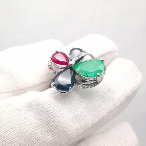Ring - 18 karaat Witgoud - 10.04ct. tw. Gemengde edelstenen, Sieraden, Tassen en Uiterlijk, Ringen