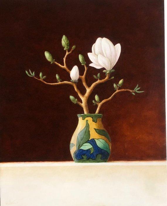 Ruud Verkerk - Gouds plateel met Magnoliatak., Antiek en Kunst, Kunst | Schilderijen | Modern