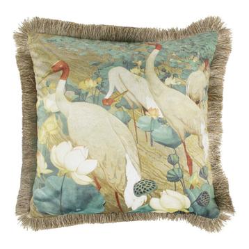 kussen fluweel witte kraanvogels gouden franjes 45x45cm*