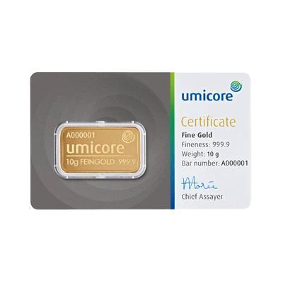 10 gram goudbaar Umicore (met certificaat) - Goudzaken, Postzegels en Munten, Edelmetalen en Baren, Goud