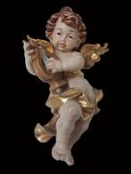 Snijwerk, Holzfigur - farbiger Engel mit Harfe - Wandfigur -