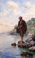 Scuola siciliana (XX) - Paesaggio marino con pescatore - NO, Antiek en Kunst