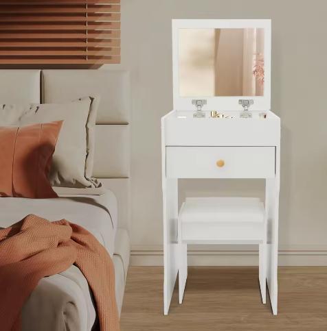 Witte Kaptafel met Spiegel, Kruk en Opbergvakken – Compact, Huis en Inrichting, Tafels | Kaptafels, Nieuw, Verzenden