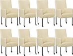 Set van 8 Crème leren moderne eetkamerstoelen - poot rond zw, Nieuw, Leer, Ophalen of Verzenden, Modern