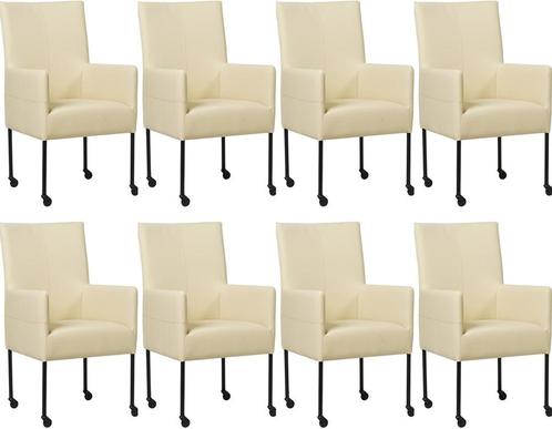 Set van 8 Crème leren moderne eetkamerstoelen - poot rond zw, Huis en Inrichting, Stoelen, Vijf, Zes of meer stoelen, Nieuw, Leer