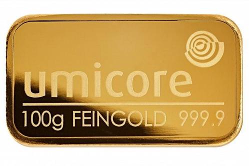 100 gram goudbaar Umicore LBMA gecertificeerd, Postzegels en Munten, Edelmetalen en Baren, Goud, Verzenden