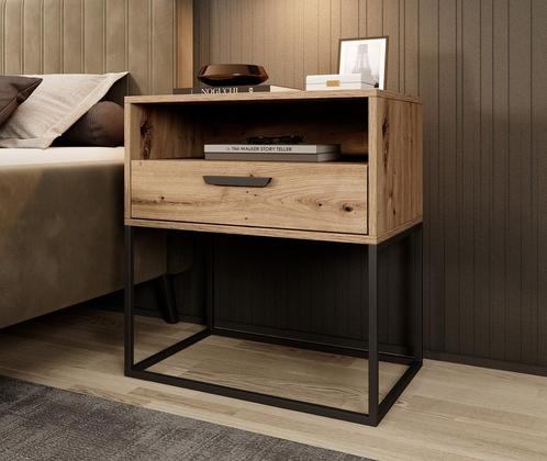 Meubella Nachtkastje eiken 60 cm lade metalen onderstel, Huis en Inrichting, Slaapkamer | Nachtkastjes, Nieuw, Verzenden