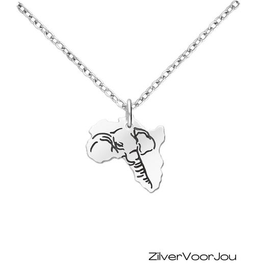 925 Zilveren Afrika map ketting met gegraveerde olifant, Sieraden, Tassen en Uiterlijk, Kettingen, Nieuw, Verzenden
