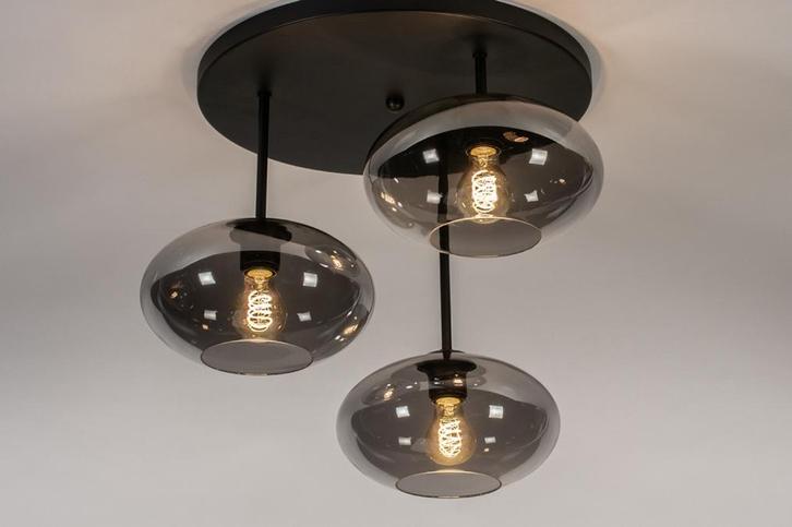 Rietveld Plafondlampen - Zwart, Grijs - Glas, Metaal, Huis en Inrichting, Lampen | Plafondlampen, Verzenden