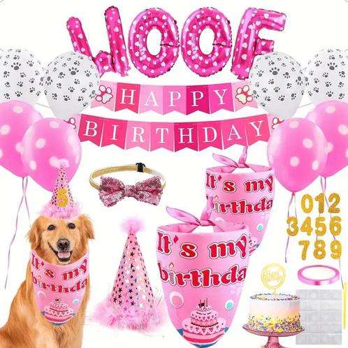 34-delige honden verjaardags set WOOF roze of blauw, Dieren en Toebehoren, Honden-accessoires, Nieuw, Verzenden