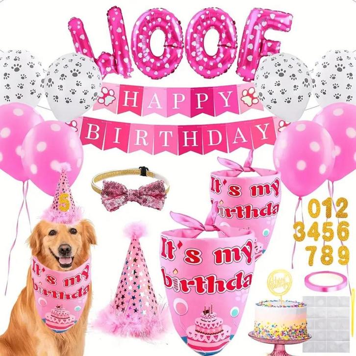 34-delige honden verjaardags set WOOF roze of blauw, Dieren en Toebehoren, Honden-accessoires, Nieuw, Verzenden