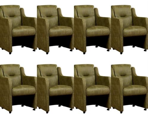 Set van 8 Olijfgroene leren landelijke eetkamerfauteuils - K, Huis en Inrichting, Stoelen, Vijf, Zes of meer stoelen, Overige kleuren