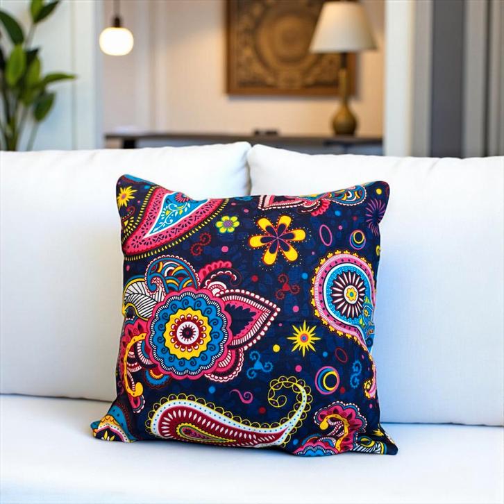 Afrikaans kussen | Blauw Roze Paisley- Sierkussen 45x45 - 10, Huis en Inrichting, Woonaccessoires | Kussens, Nieuw, Ophalen of Verzenden