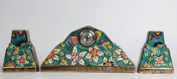 Klok en garnituur set - Bequet - Art Deco Aardewerk -, Antiek en Kunst, Antiek | Klokken