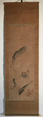 Fish and crab / Japanese Vintage Hanging Scroll KAKEJIKU /, Antiek en Kunst
