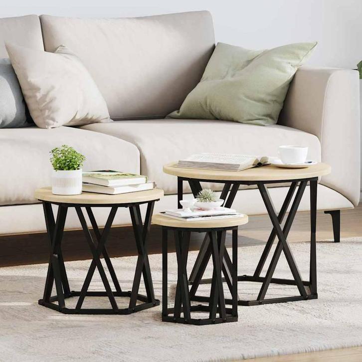 vidaXL Nestbare Bijzettafel 3 pcs Sonoma Eiken, Huis en Inrichting, Tafels | Salontafels, Rond, Nieuw, Overige houtsoorten, Minder dan 50 cm