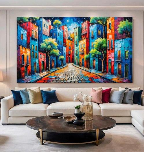 LuisonArt - Città Colorata Notturna -AI-XXL, Antiek en Kunst, Kunst | Schilderijen | Modern