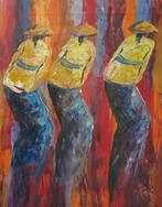 Aziatische olieverfschilderij - Drie personen, Antiek en Kunst