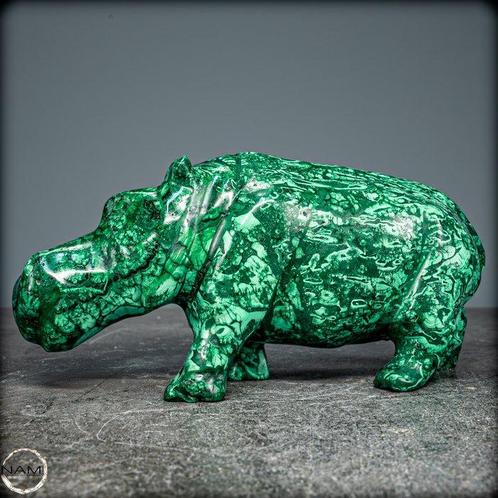Zeer Decoratieve Natuurlijke Malachiet Nijlpaard- 982.76 g, Verzamelen, Mineralen en Fossielen