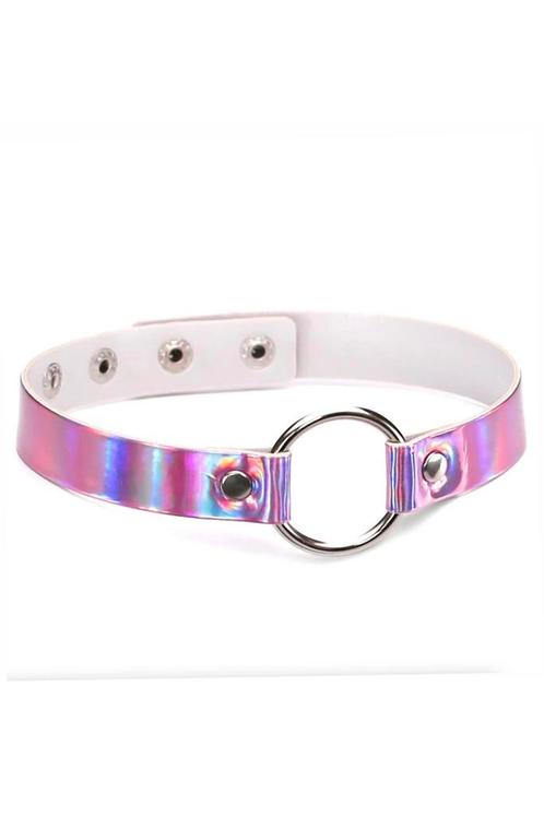 Choker Roze Holografisch Ring Iridescent Collar Ketting Sexy, Sieraden, Tassen en Uiterlijk, Kettingen, Roze, Nieuw, Verstelbaar