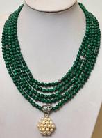 Ketting, ZEER LANG, (260 cm) van malachiet met witte parels