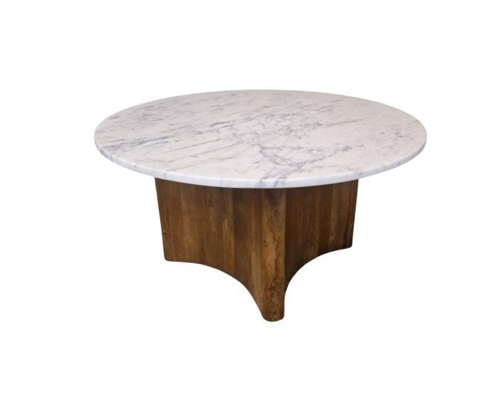 Salontafel Yara rond 80 cm marmer mangohout - Wit, Huis en Inrichting, Tafels | Salontafels, Nieuw, Ophalen of Verzenden