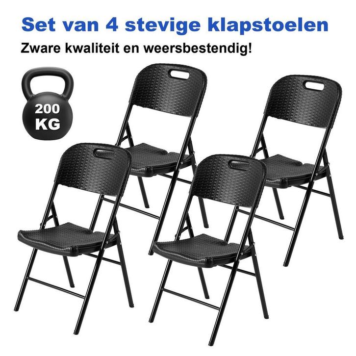Bardi 4 Delige Set Zware Kwaliteit Klapstoelen 200KG - ROTAN, Huis en Inrichting, Stoelen, Vier, Zwart, Nieuw, Kunststof, Metaal
