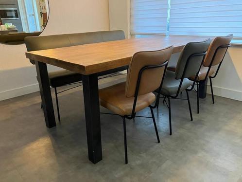 Set van 3 leren eetkamerstoelen en een leren eetkamerbank -, Huis en Inrichting, Stoelen, Overige kleuren, Nieuw, Leer, Ophalen of Verzenden