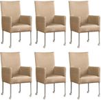 Set van 6 Leren eetkamerstoelen - met wieltjes - Echt leer,, Huis en Inrichting, Stoelen, Overige kleuren, Nieuw, Leer, Ophalen of Verzenden