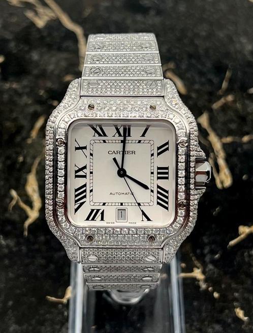 Cartier Santos - White Dial - Large- Iced Out - Diamonds, Sieraden, Tassen en Uiterlijk, Horloges | Heren